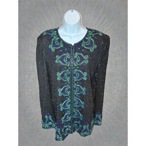 Vintage Scala Black Beaded Jacket W/ Green & Blue Embellishments 100% Silk Outer